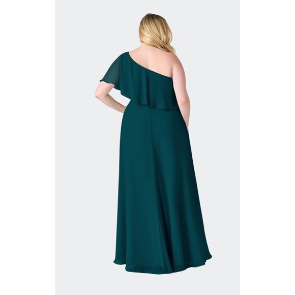 AZAZIE Pine A-Line One Shoulder Chiffon Maxi Formal Dress Ruffle Overlay Size 14 - Picture 14 of 14